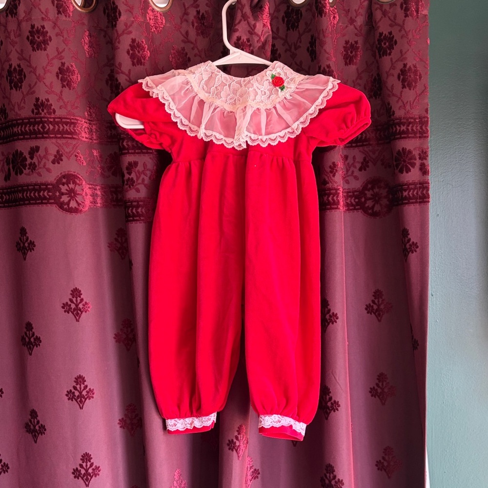 Vintage Red Velvet Toddler Romper with Lace Collar Size 2T